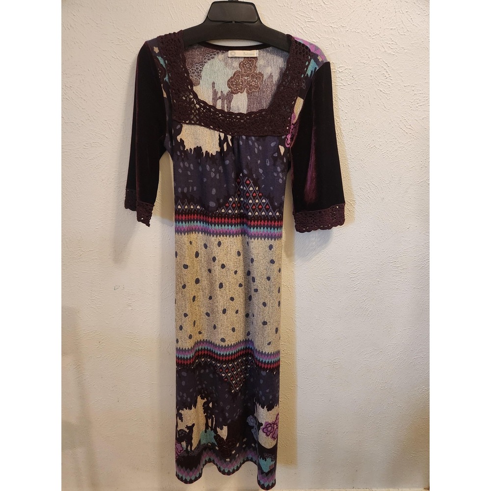 Solitaire Dress‎ Womens Large Purple Velvet Sleeves Crochet Trim Boho Print Midi